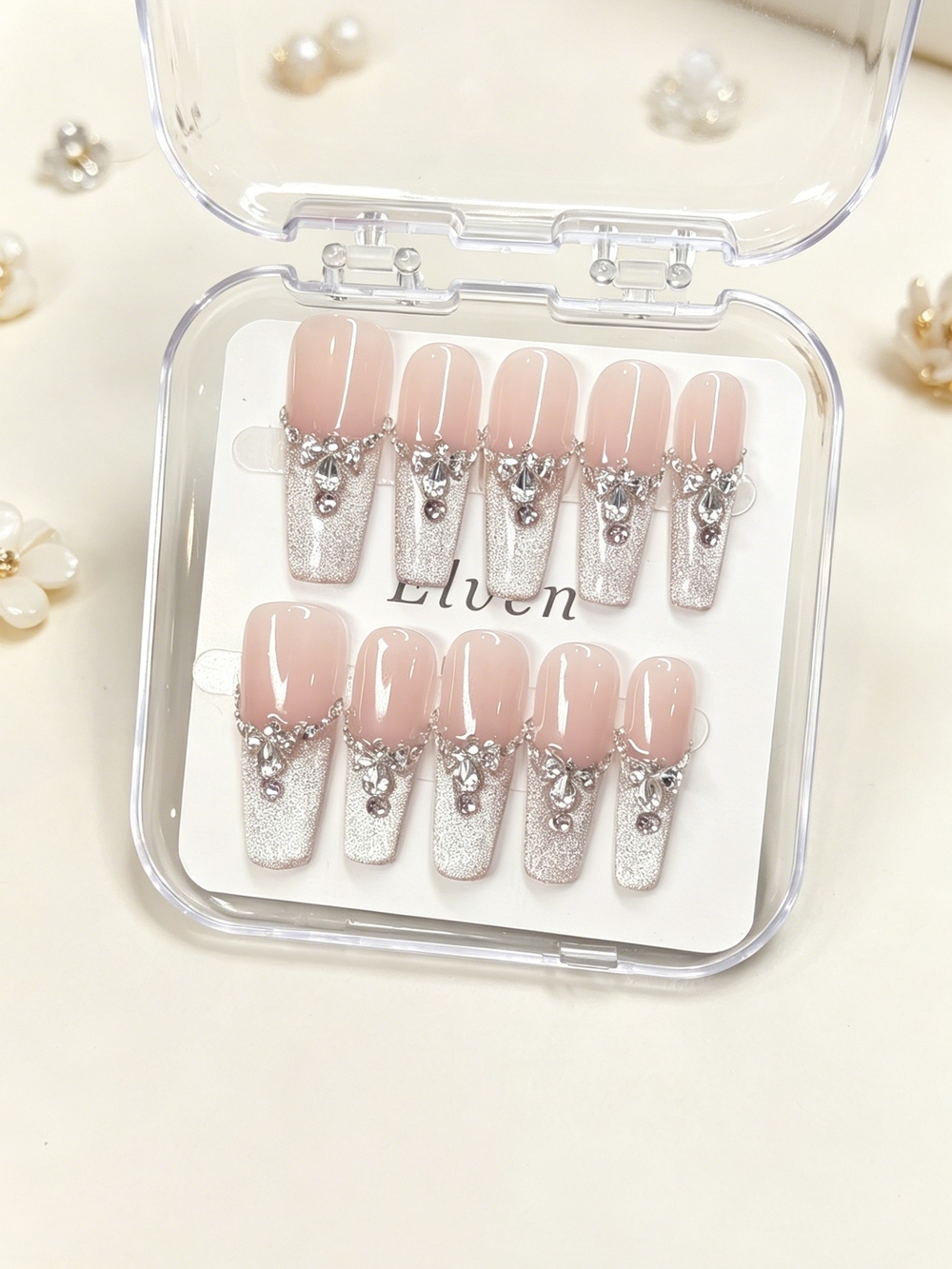 Nude French Cat Eye Press On Nails & Silver Glitter Pink Rhinestones Long Coffin